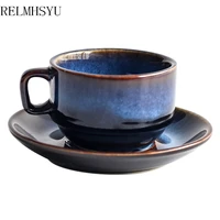 relmhsyu ceramic deep blue coffee cup and saucer set breakfast afternoon tea set japanese simple retro utensils drinkware
