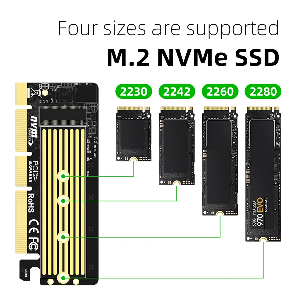 

Карта адаптера M.2 PCI-E NVMe SSD на PCIe 3,0 X4/X8/X16, высокоскоростной 32 Гбит/с SSD PCI Express конвертер для 2230/2242/2260/2280 дисков