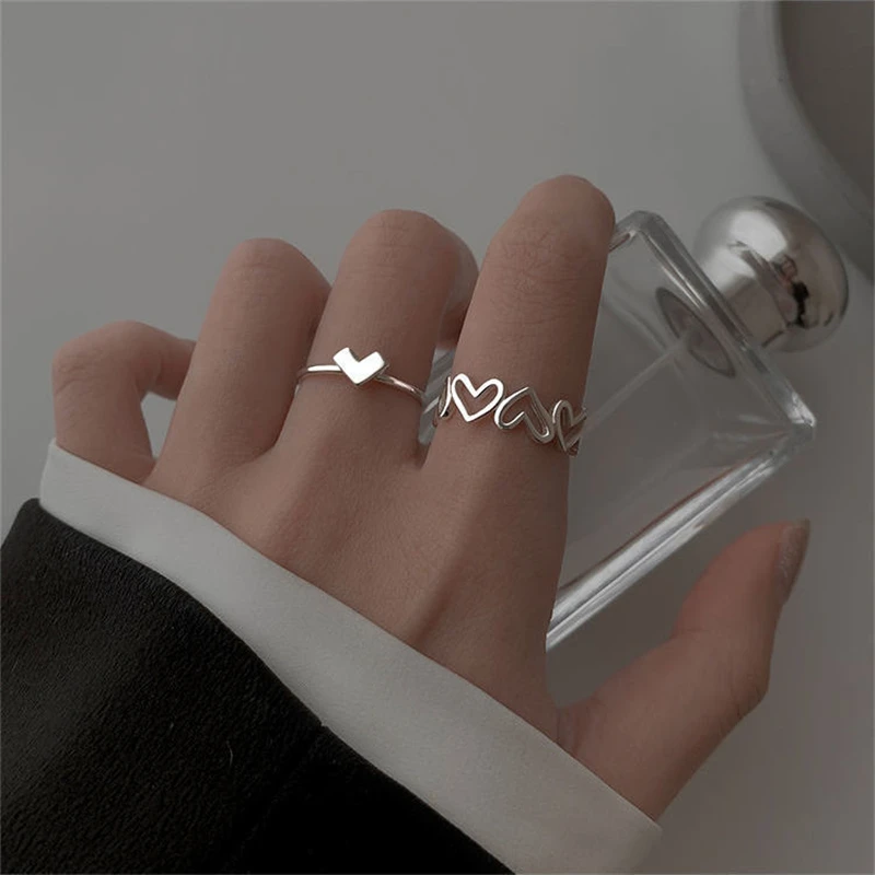 

Silver Color Hollowed Heart Shape Open Ring Set Design Cute Fashion Love Jewelry For Women Girl Gifts Adjustable Birthday Party