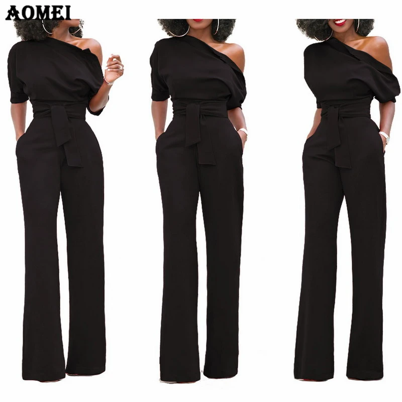 Женский комбинезон на одно плечо с поясом и карманами офисная одежда модные