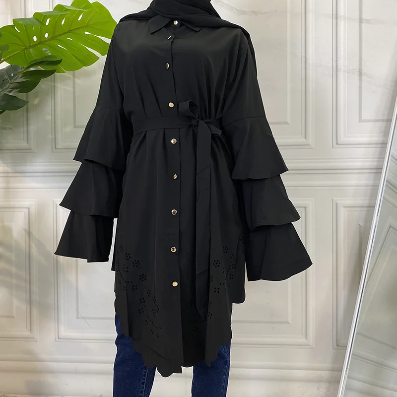 Длинные рубашки мусульманская женская мода рукав-лепесток одежда Оман Дубай