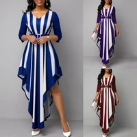 hot apparel dress women stylish v neck 34 sleeve vertical stripes irregular hem belt long party dress