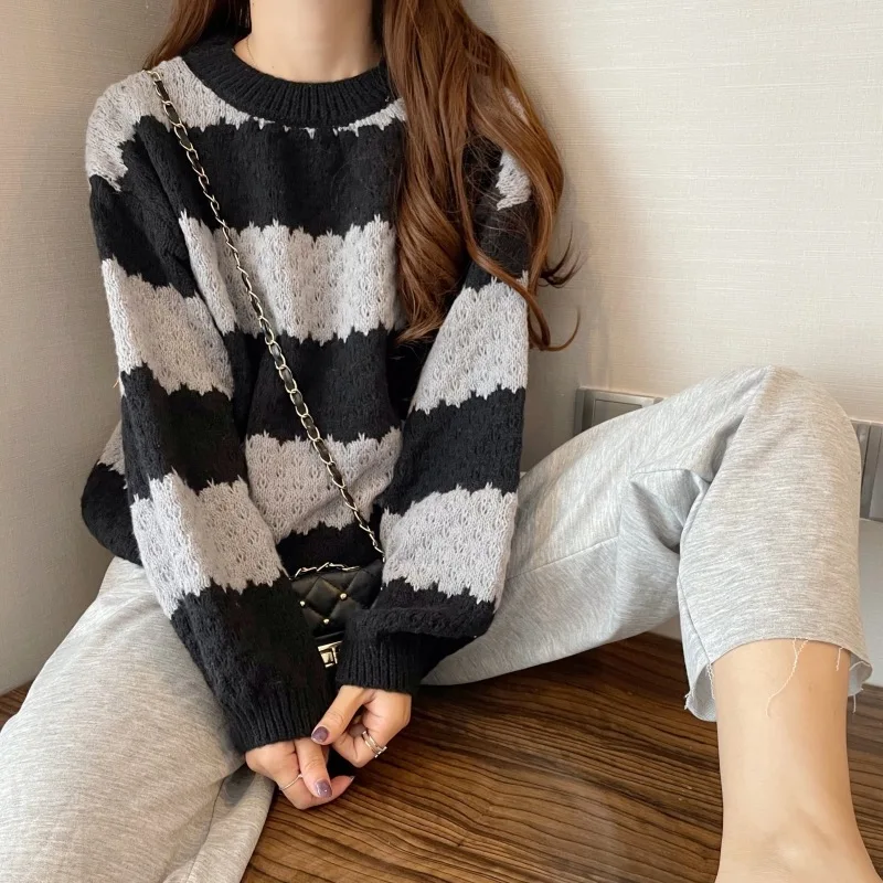 

Новинка корейский стиль свободный толстый Ленивый Стиль Универсальный женский свитер в контрастную полоску Женский Повседневный вязаный ...