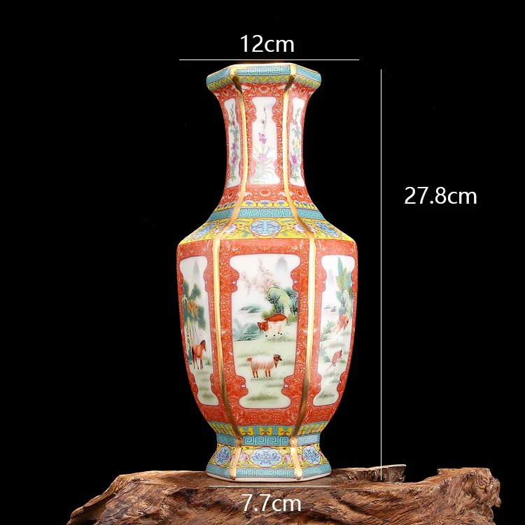 Эмаль описание в Qianlong году династии Цин Золотой Зодиак Шестигранная ваза античный фарфор