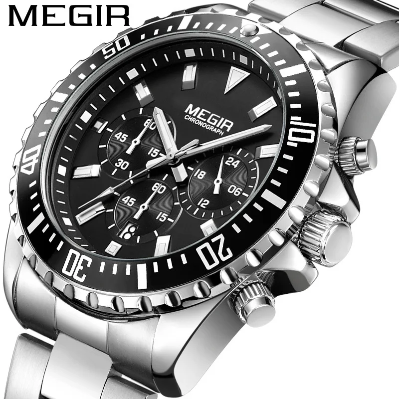 

MEGIR 2021 New Stainless Steel Fashion Sports Men's Waterproof Luminous Watch Dial Chronograph Calendar Steel Band Quartz 2064