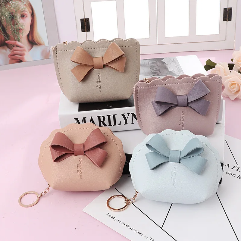 

Bowknot Women Unique Zip Coin Purse Kids PU Mini Key Card Wallet Keychain Portable Small Things Save Face Mask Lipstick Storage