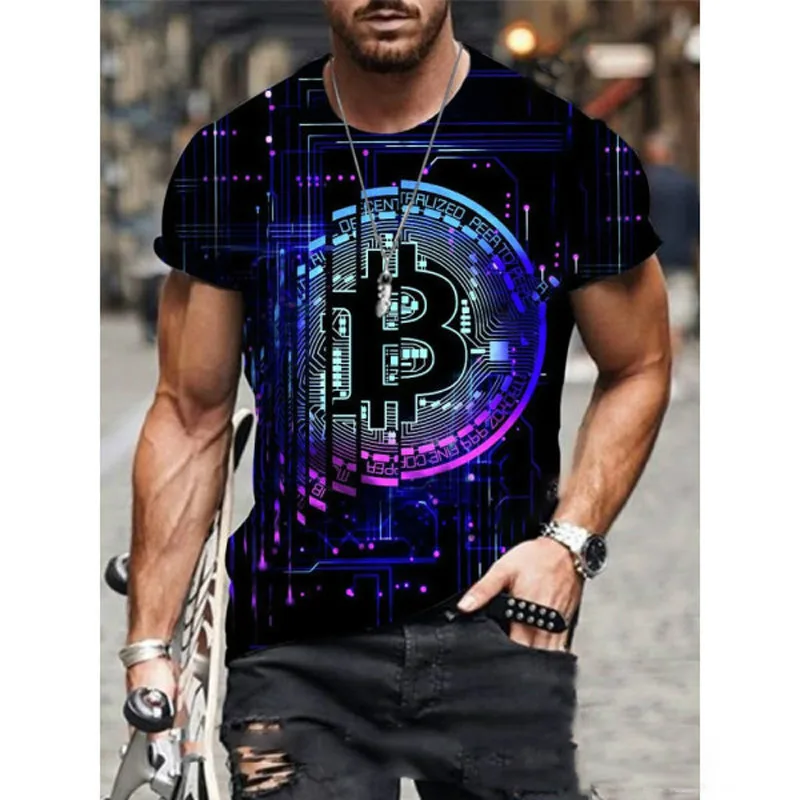 

Men's Short Sleeve Sports T-shirt Big Round Neck Loose T-shirt 3D Bitcoin Printing Breathable Casual Fitness Wear 2021 New
