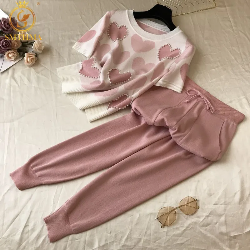 

2021 New Arrival Beaded Heart Shape Short-Sleeved Sweater + Elastic Waist Pants Women Sweet 2pcs Suit Ladies Summer Clothing Set