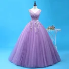 Сексуальное Сиреневое платье Quinceanera с v-образным вырезом, вечерние платья длиной до пола с 3D цветочной аппликацией, 16 платьев для принцесс