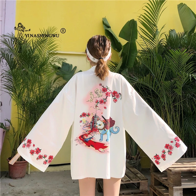 Yukata женский японский кимоно кардиган с принтом кота с длинным рукавом рубашка повседневные кимоно Femme азиатские Кимоно костюмы косплей Kawaii