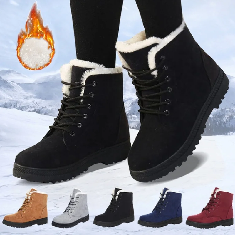 

2021 Women Winter Snow Boots Warm Flat Plus Size Platform Lace Up Ladies Women's Shoes New Flock Fur Suede Ankle Boots Female