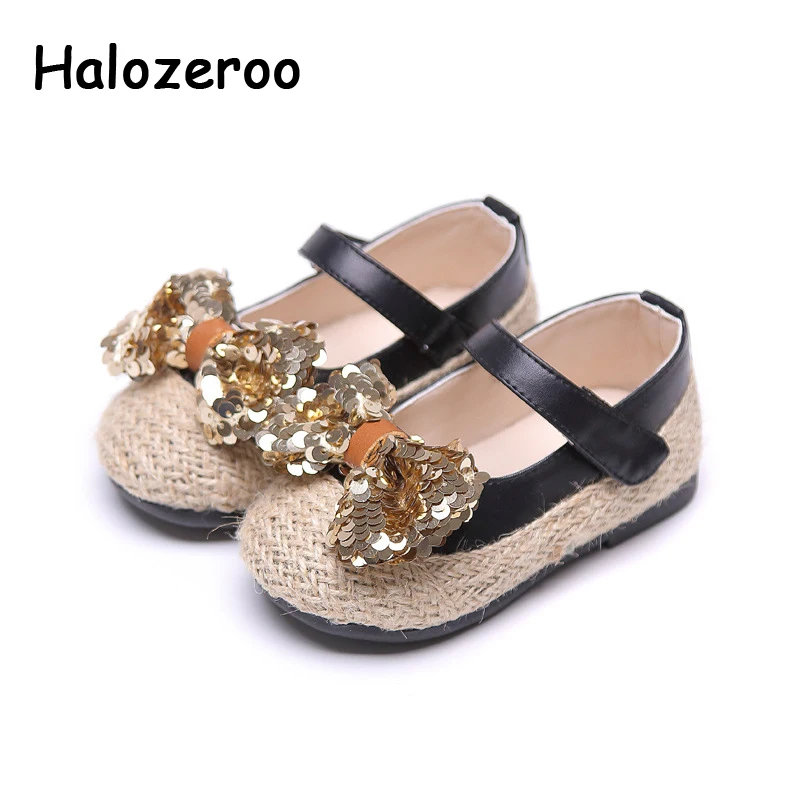 Новинка весенняя обувь с бантом для маленьких девочек детская кожаная на плоской подошве блестками