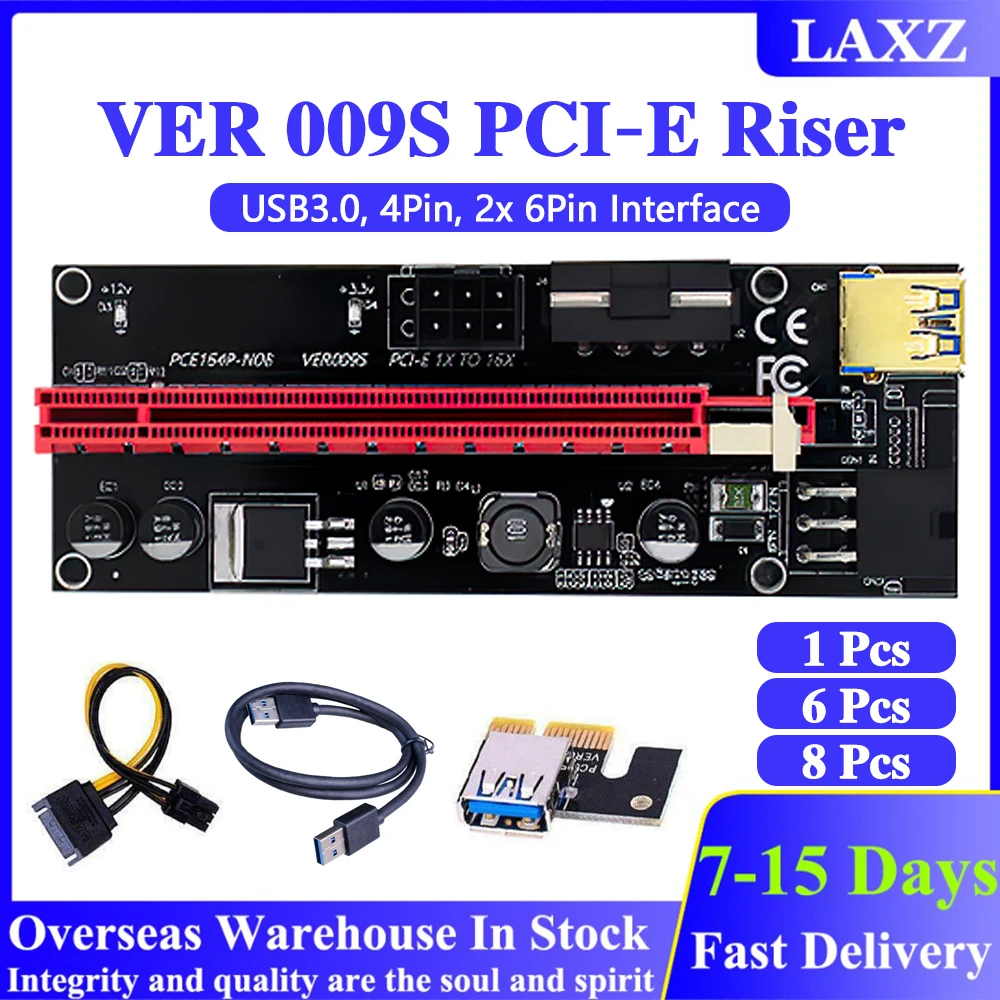 

VER009 PCI-E Riser VER 009S Express 1X 4x 8x 16x Extender Riser Adapter Card SATA 15pin to 6 pin Power Cable USB 3.0 Riser Card