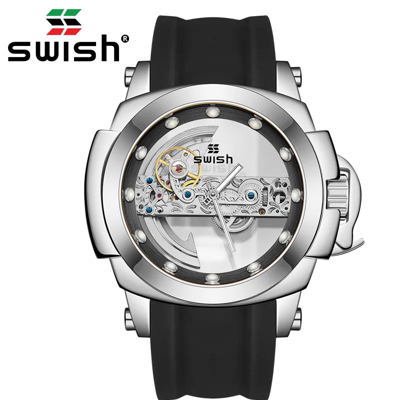

Мужские механические часы SWISH с автоматическим турбийоном, светящиеся часы-скелетоны с большим циферблатом, наручные часы, спортивные мужс...