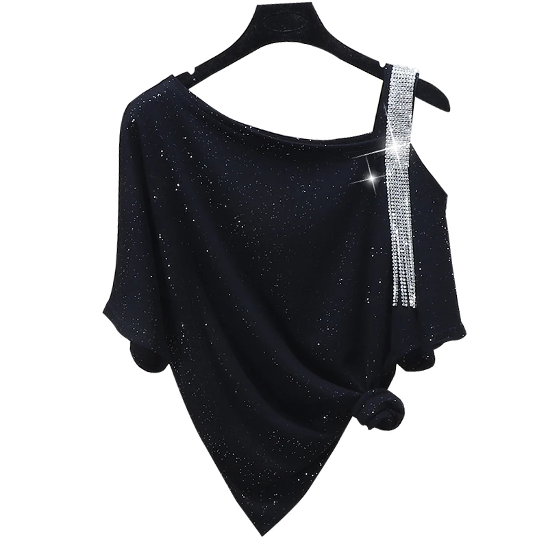 Женская футболка с открытыми плечами свободная коротким рукавом и косым