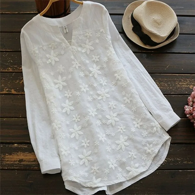 

Lace Embroidery Woman Blouse Long Sleeve Shirt Woman Casual Plus Size Woman Shirts