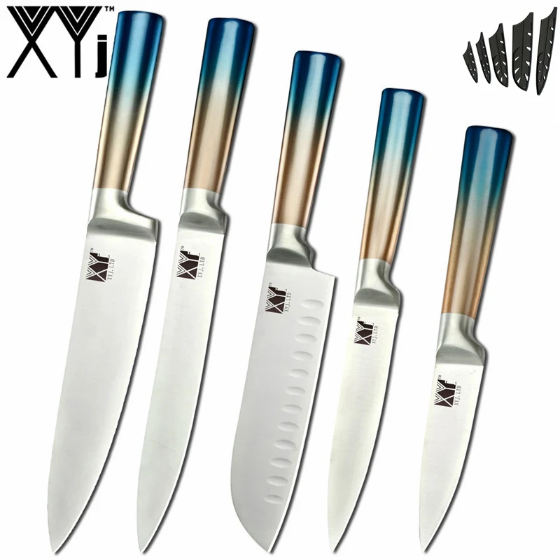 B. 5 PCS Set XYj шеф-повара из нержавеющей стали 8 комплект ножей 8 ''Держатель ножей острое лезвие градиентная цветная ручка Santoku утилита для нарезки хлеба - Цвет: B. 5 PCS Set