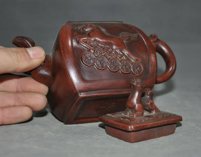 

wedding decoration 6" Marked Chinese Yixing Zisha Pottery Carved Horse Money Teapot Tea set Tea pot