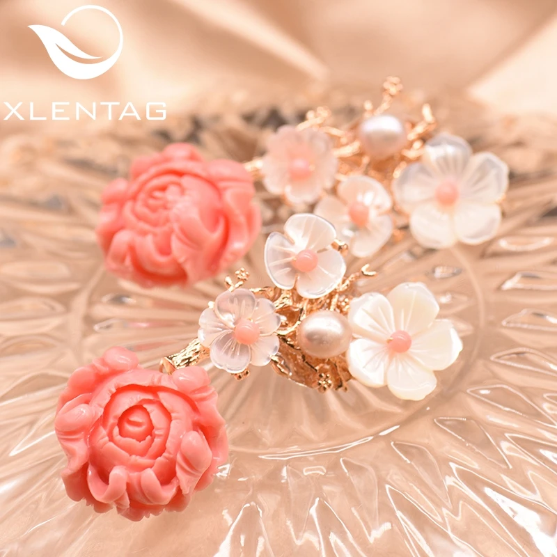 XlentAg, 925 пробы, серебряные, розовые, коралловые Висячие серьги, белый жемчуг, Розовый натуральный камень, раковина, цветок, висячие серьги, ювелирное изделие GE0024