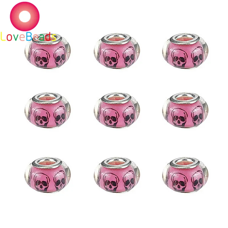 

10Pcs Skull Shape Color Resin Murano Rondelle Large Hole Spacer Beads Fit Pandora Bracelet Charms Necklaces Women Men Jewelry
