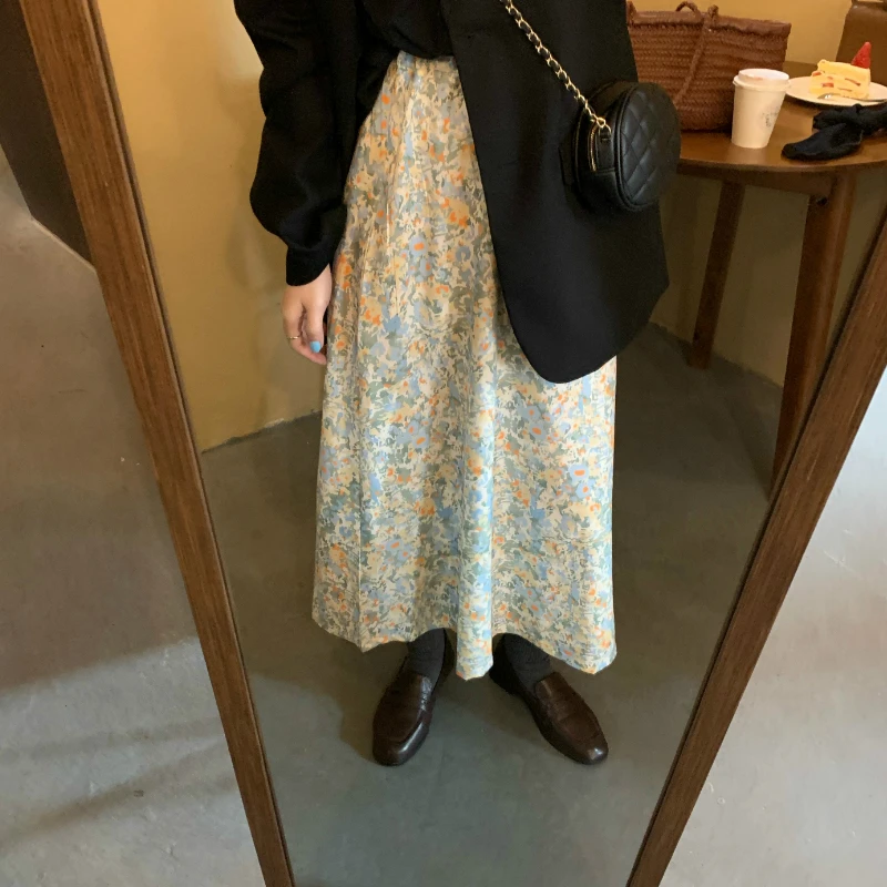 

Skirts Women Floral Pleated High Waist Loose Midi Skirt Womens Elegant Sweet Preppy Simple All-match Streetwear Korean Style New