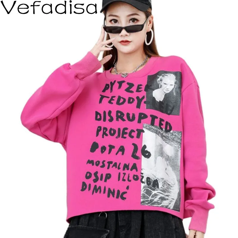 

Vefadisa Fashion Letter Print Women Sweatshirt 2022 Autumn New Plus Size Pullover Coat Casual Female Sweatshirt Coat QYF5972
