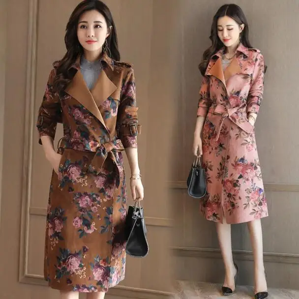 Женская ветровка 2020 Осенний весенний Тренч с принтом Длинная верхняя одежда