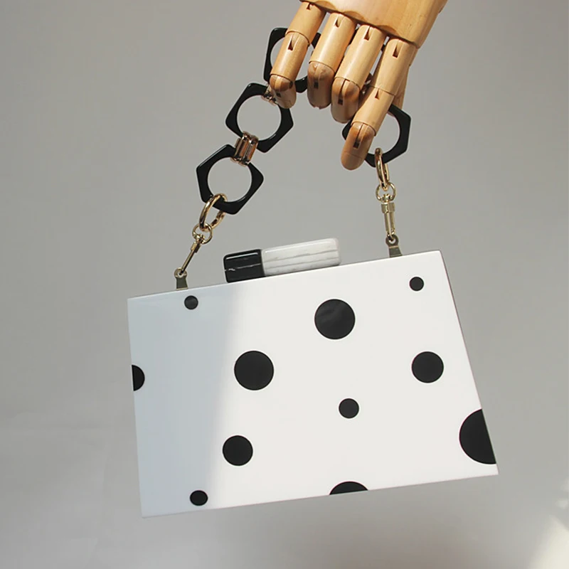 

Wedding Clutch Purse Ladies Hand Bag 2021 Luxy Moon Women Clutch Bags With Acrylic Handle Black and White Dots Shoulder Bags