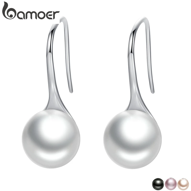 BAMOER, 925 пробы, серебряные, элегантные, круглые, чистый, любовь, жемчуг, висячие серьги для женщин, ювелирные изделия, Brincos, белый, черный, фиолетовый, розовый, SCE037