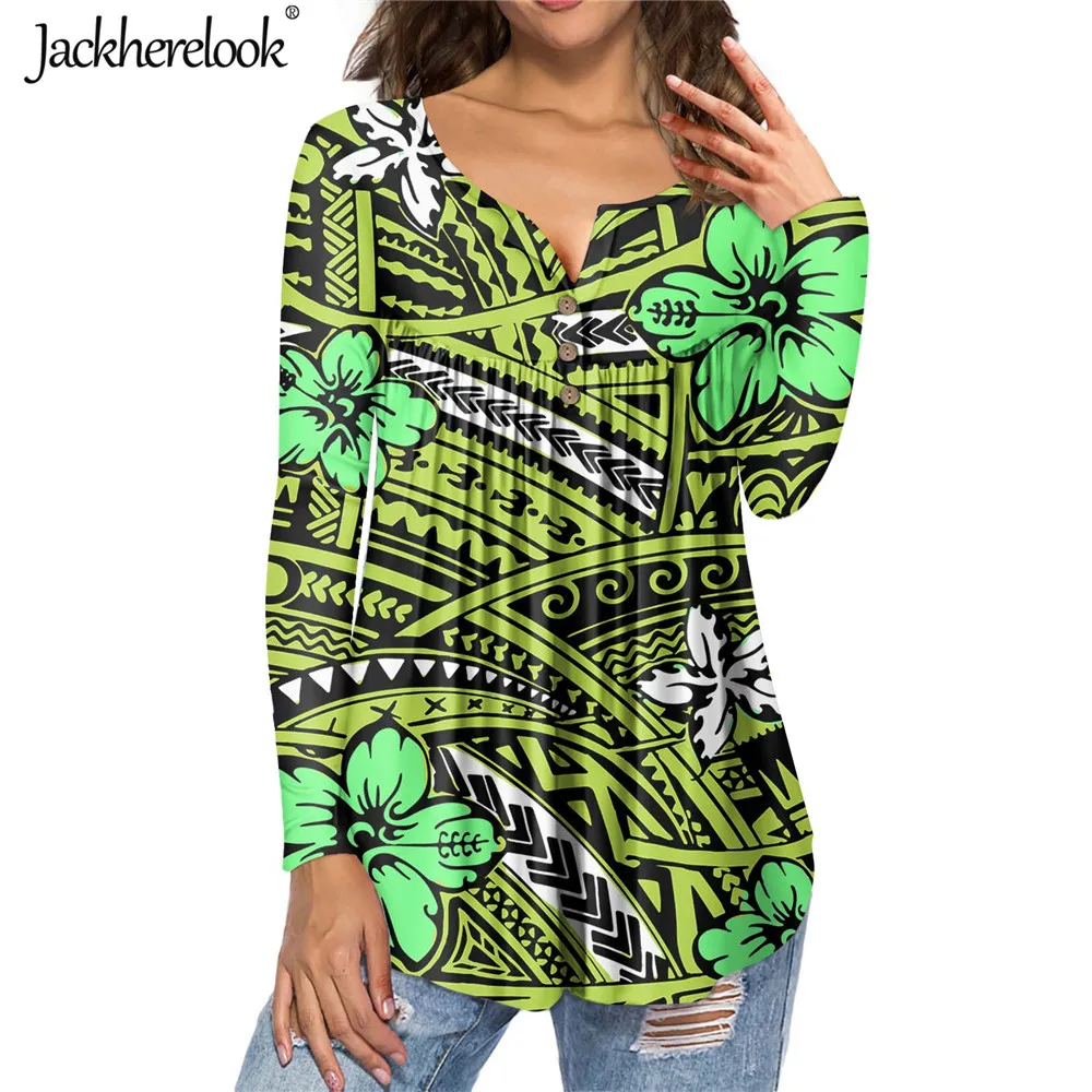 

Jackherelook Blouse Female 2020 Spring Tops Long Sleeve Tripocal Hibiscus Polynesian Tribal Print Boho Women Shirt Clothes Mujer