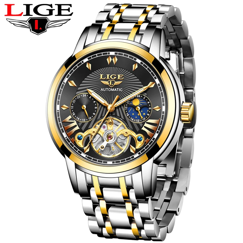 Часы наручные LIGE Мужские механические автоматические спортивные повседневные