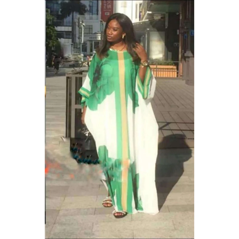 2 Color African Dresses For Women 2020 Hot Sale Big Flowers Print Bat Sleeve Round Collar Polyester Female Long Dress Elegant |