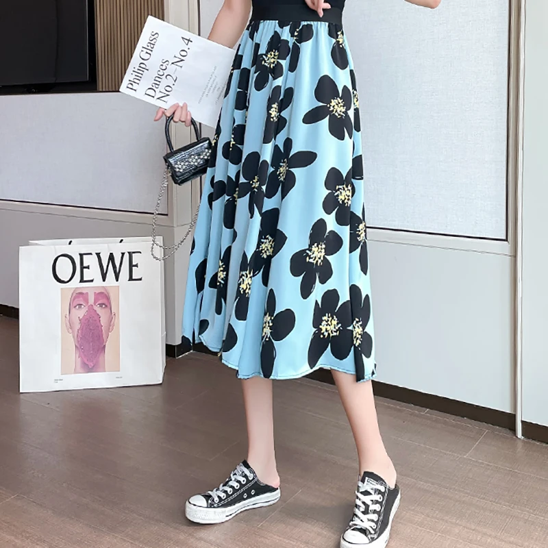 

Chiffon Floral Fashion Casual High Waist Midi Skirt For Women Clothing 2021 New Summer Jupe Longue Femme Straight Faldas Largas