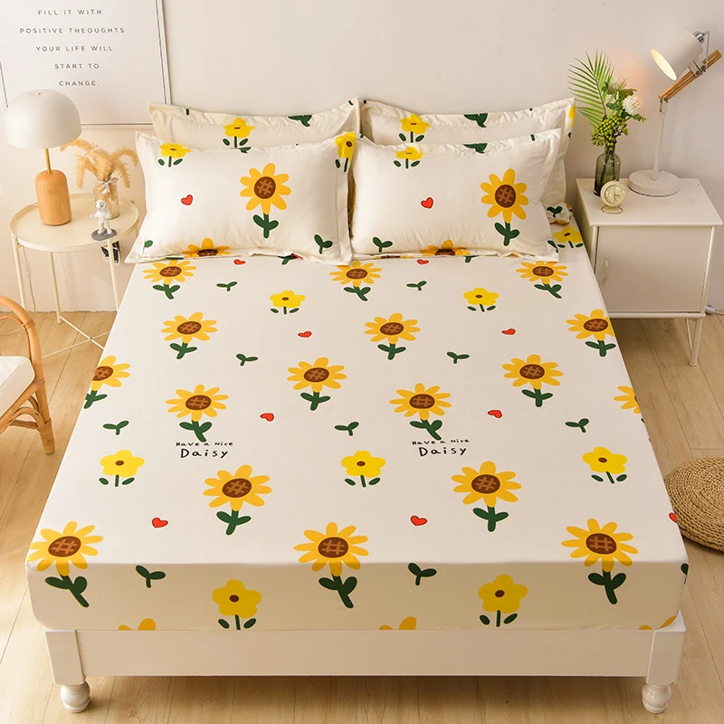 

1PC Polyester Fitted Sheet Daisy Printing Mattress Cover Sheet Four Corners With Elastic Band Bed Sheet (No Pillowcases)
