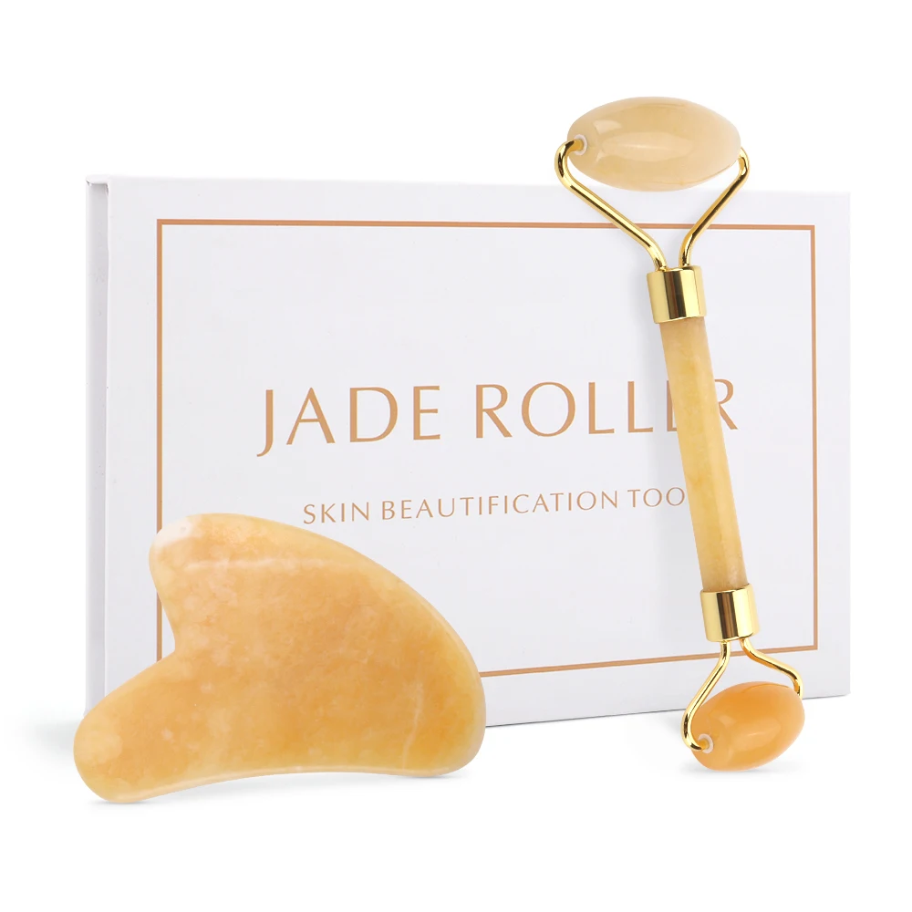 

New Yellow Jade Face Roller Slimming Massager Face Lifting Natural Jade Stone Facial Massage Roller Skin Care Beauty Box Set
