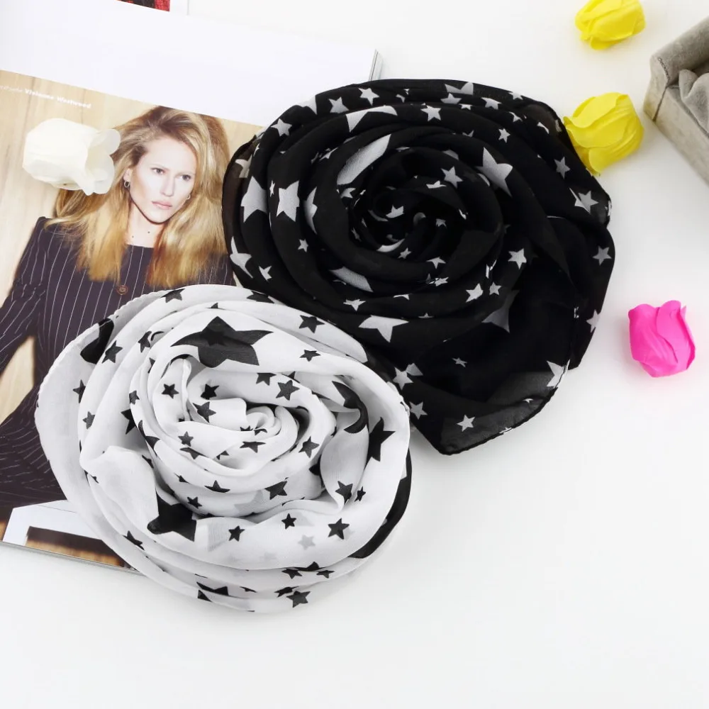 1 шт. женский зимний осенний Черный белый шарф со звездами шифоновый большая шаль