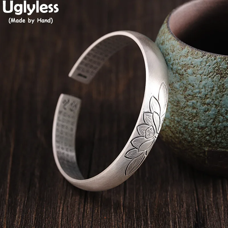 

Uglyless Inside Carved Heart Sutra Bangles for Women Blooming Lotus Bangles 10MM Wide 999 Pure Silver Buddhism Jewelry Handmade