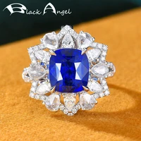 black angel new 925 silver sunflowers ring inlaid luxury blue crystal sapphire adjustable for women wedding party jewelry gift