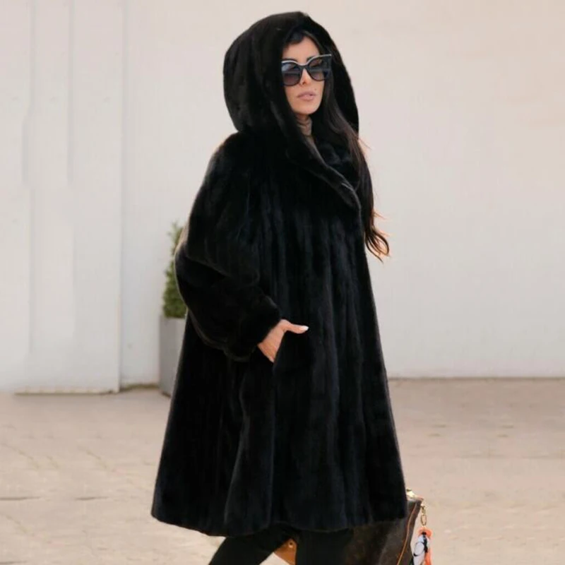 100cm Long Women Real Mink Fur Coats 2022 Winter Outwear High Quality Woman Trendy New Natural Mink Fur Coat With Big Hood Warm