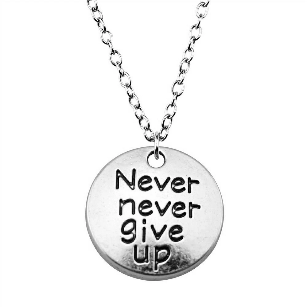 

Simple Antique Silver Color 20x20mm Never Never Give Up Tag Charms Pendant Necklace Short Chain Necklace Dropshipping Welcome