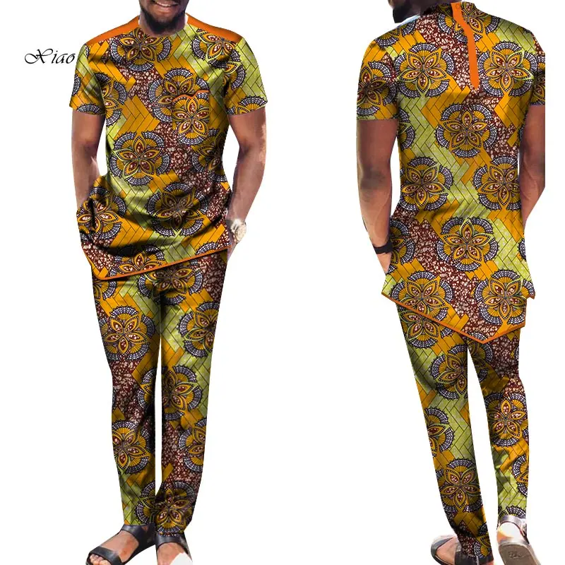 

Fashion Men African Clothes 2 Pieces Set Dashiki Shirts and Pants Bazin Riche Men Suits African Pants and Tops Sets WYN1370