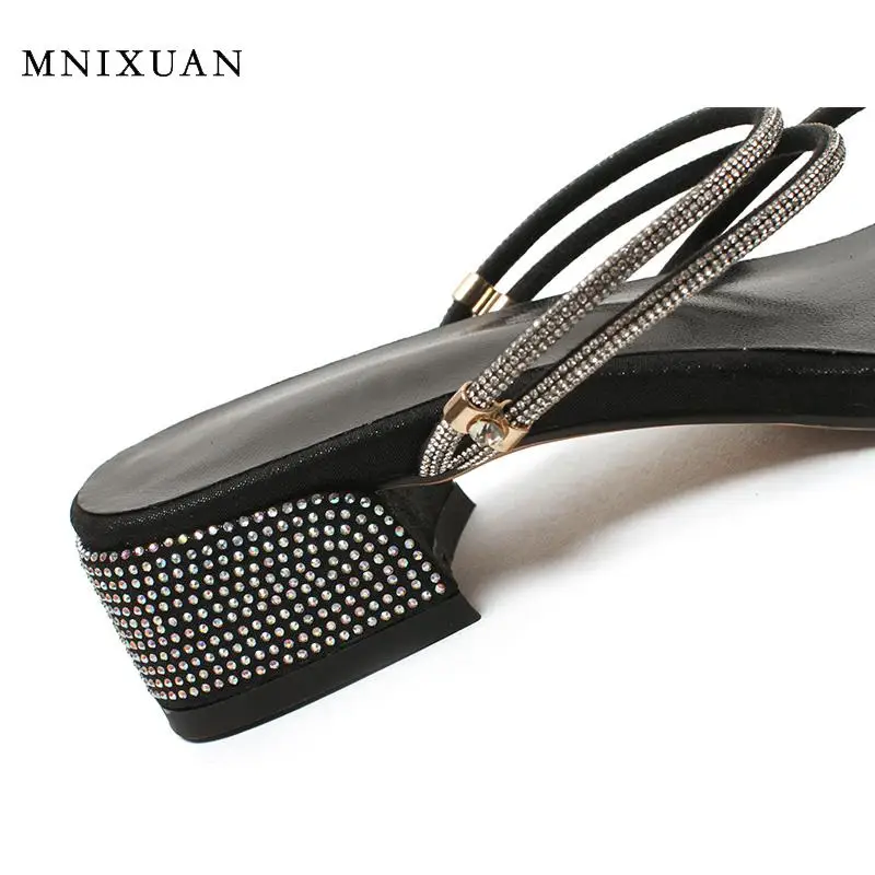 

Luxury rhinestones casual women slipper sandals shoes 2020 summer new open toe crystal medium heels ladies slides plus size 42