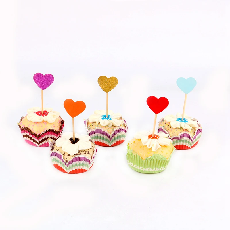 10 шт. разноцветные блестящие бумажные топперы в форме сердца для капкейков
