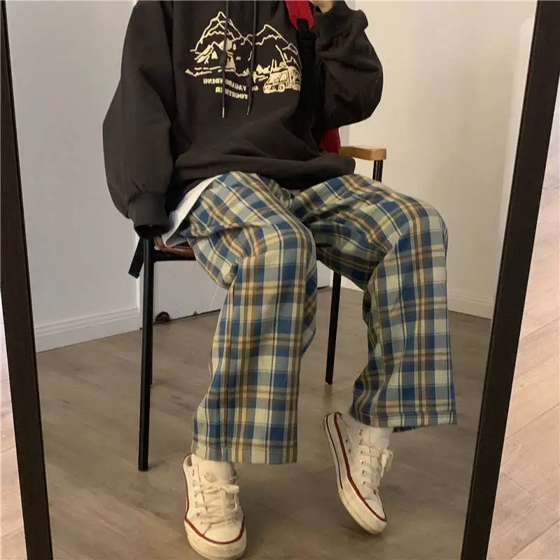 

HOUZHOU Harajuku Plaid Pants Women Oversize Wide Leg Trousers Female Korean Style High Waist Checkered Pajama 2021 Spring Summer