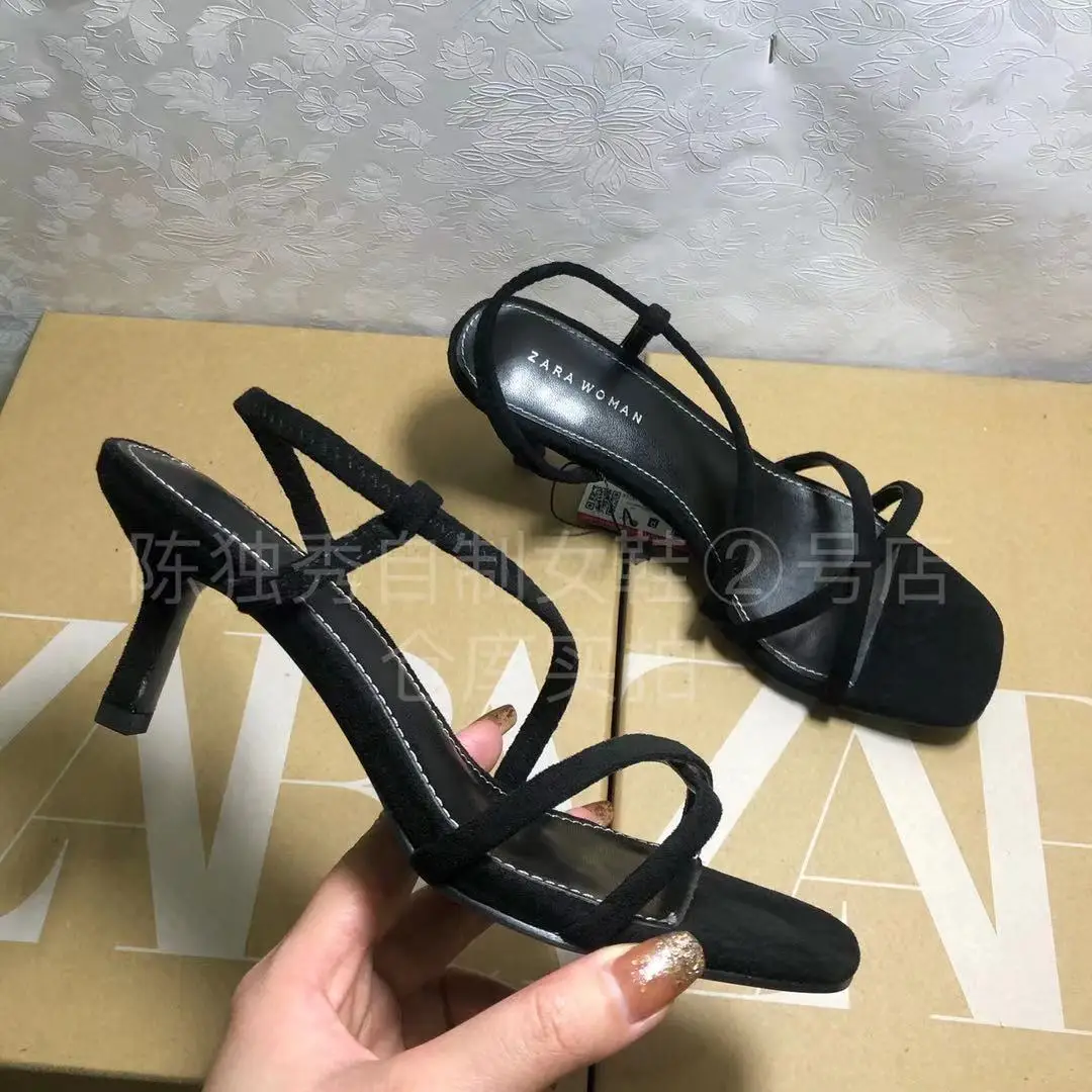 

Black Slim high heel sexy sandals summer one line cross elastic open toe suede slim heel ROMAN SANDALS fashion