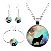 starry sky wolf howl cabochon glass pendant necklace bracelet earrings jewelry set totally 4pcs for womens fashion jewelry
