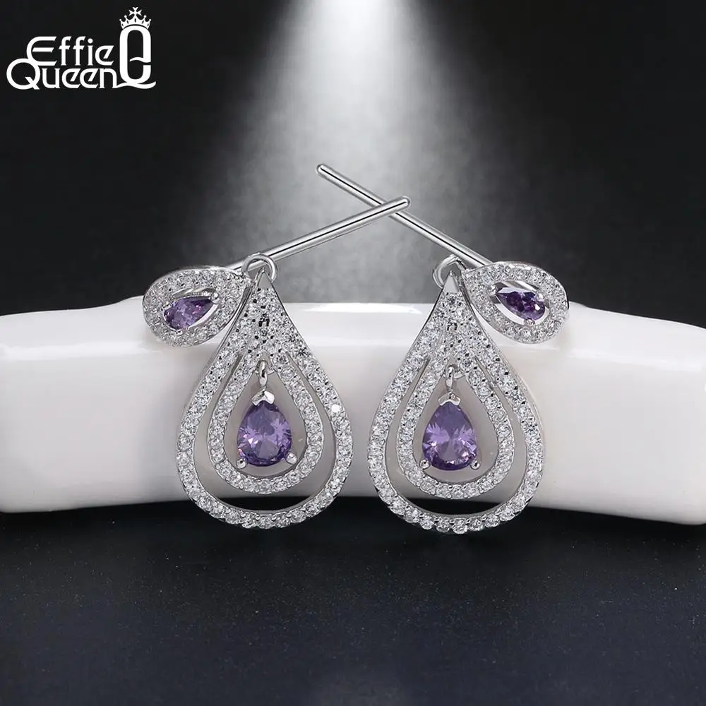 Effie queen Женские Висячие серьги из серебра S925 пробы в форме капель воды фиолетовый кубический циркон Висячие серьги вечерние ювелирные изделия TSE47
