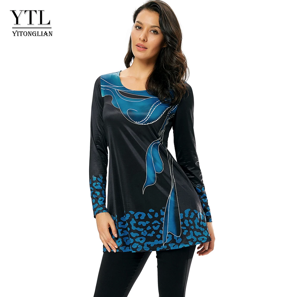 Женская модная синяя футболка с длинным рукавом и круглым вырезом элегантные