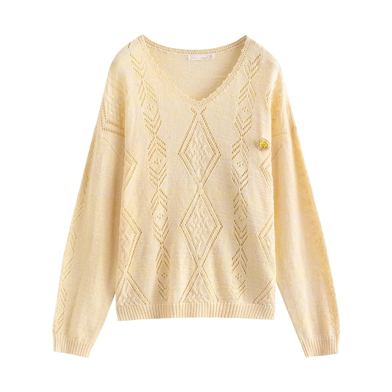INMAN Women's Knitted Top Spring Autumn Sweet Elegant Three-dimensional Jacquard Beads Diamond Plaid Hollow Long Sleeve Sweater | Женская