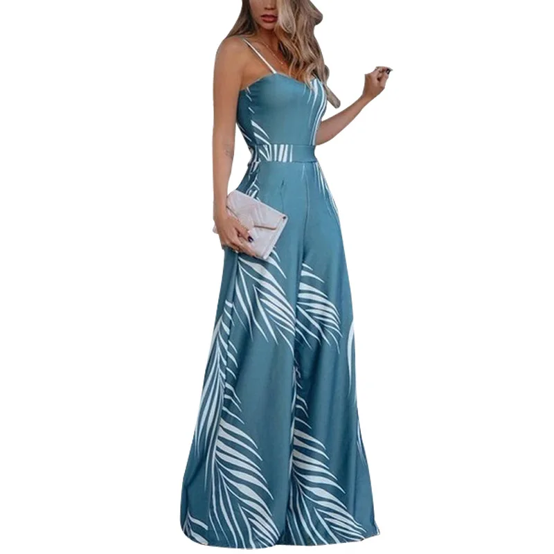 

European and American summer new fashion sexy plus size suspenders high waist printed bell-bottom jumpsuit